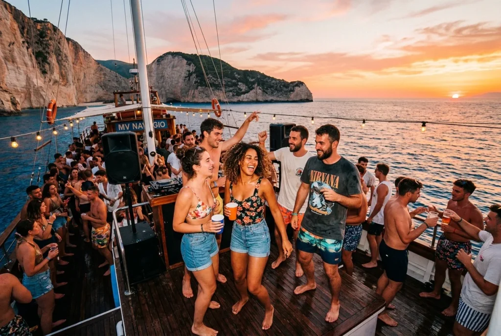 Lidé se baví na lodi během oblíbené boat párty u pobřeží ostrova Zakynthos.