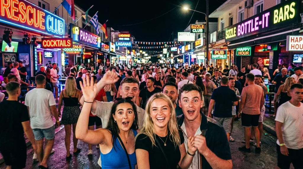 Noční pohled na rušnou ulici Laganas Strip plnou lidí a neonových nápisů klubů na Zakynthosu.