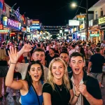 Noční pohled na rušnou ulici Laganas Strip plnou lidí a neonových nápisů klubů na Zakynthosu.