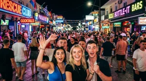 Noční pohled na rušnou ulici Laganas Strip plnou lidí a neonových nápisů klubů na Zakynthosu.